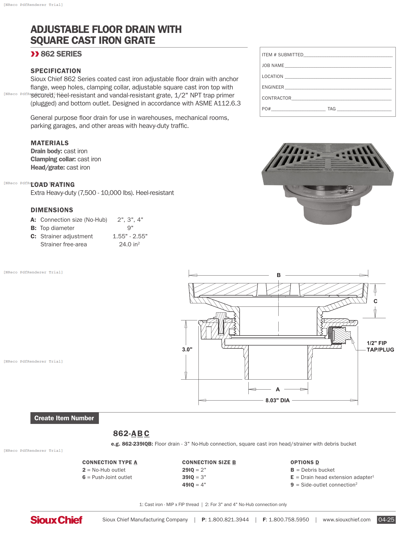 862 SERIES - ADJUSTABLE FLOOR DRAIN WITH SQUARE HD GRATE - SPEC SHEET.PDF Specification Document